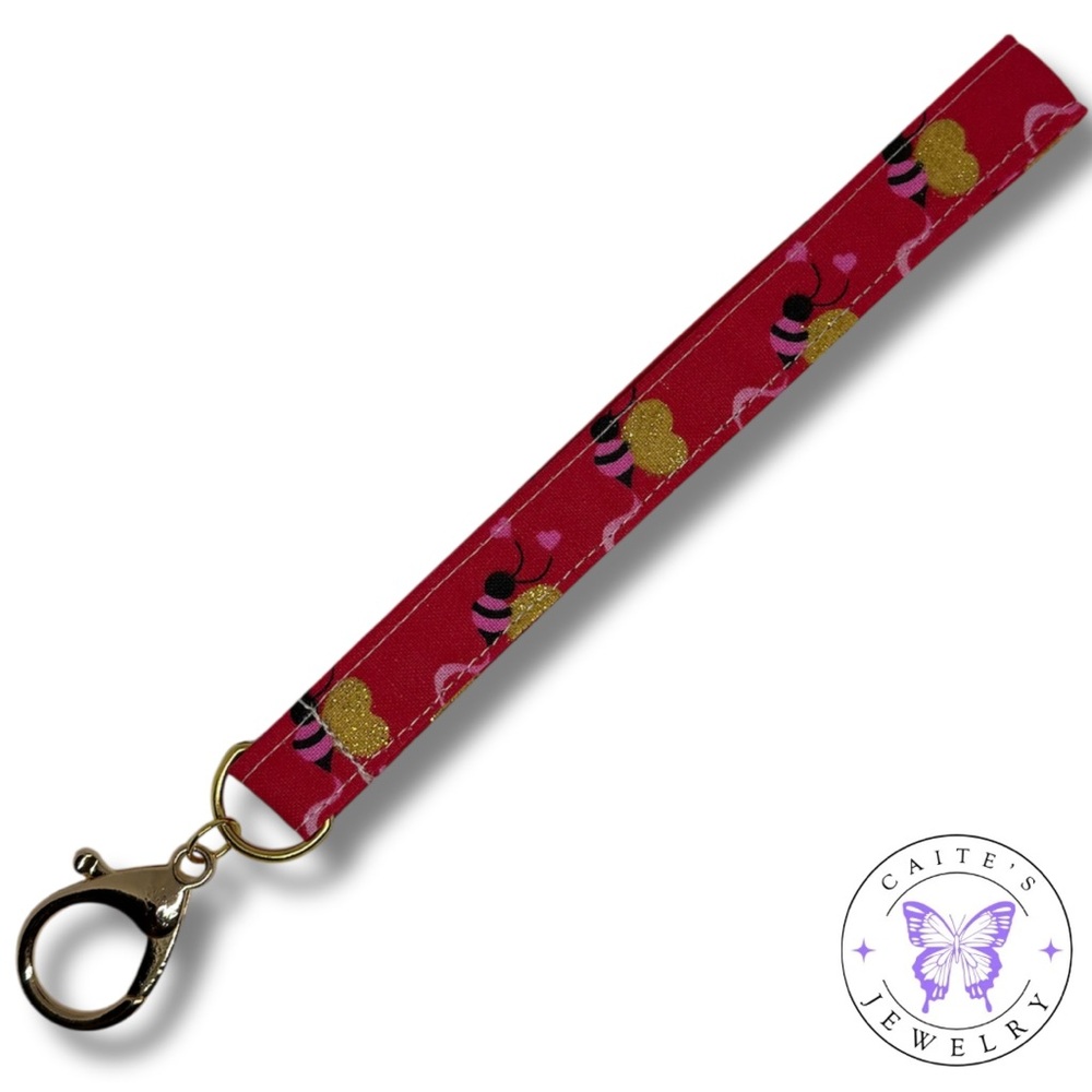 Handmade Gold Keychain with a Valentines Hearts and Bees Fabric